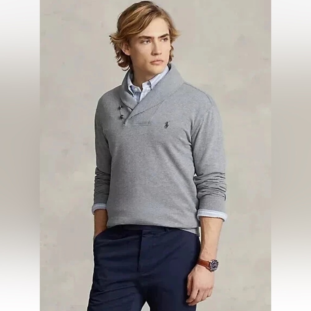 POLO Ralph Lauren Luxury Jersey Shawl Collar Pullover Grey Gray Size Large